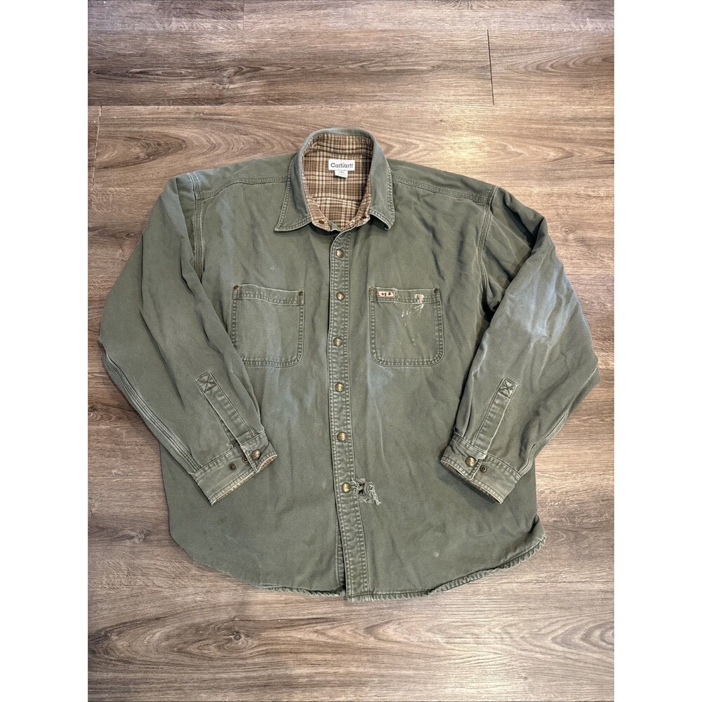 Carhartt Jacket Mens 2XL Green Flannel Lined Distressed/Stained S96MOS "Shacket"